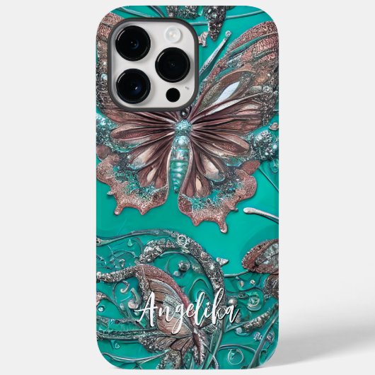 Gouden Roze Teal Vlinder Gepersonaliseerde Naam Case-Mate iPhone Case (Achterkant)