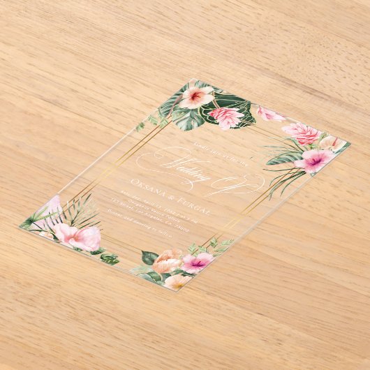 Gouden Roze Tropische Strand Bestemming Trouwen Acryl Uitnodigingen (Laagn)