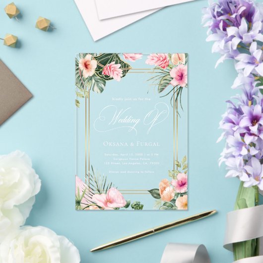 Gouden Roze Tropische Strand Bestemming Trouwen Acryl Uitnodigingen (Insitu (Huwelijk))