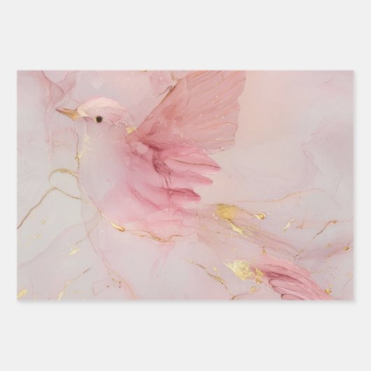 Gouden Roze Vogels Baby Shower Inpakpapier Vel (Voorkant)