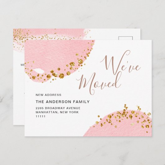 Gouden Roze Waterverf Bewegende Aankondiging Briefkaart (Voorkant / Achterkant)