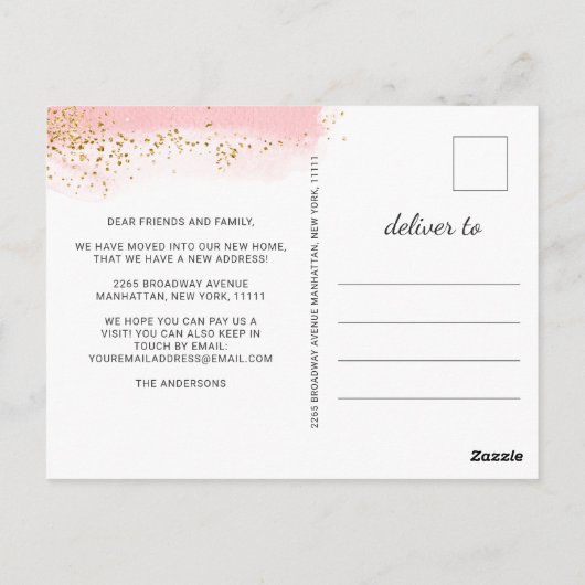 Gouden Roze Waterverf Bewegende Aankondiging Briefkaart (Achterkant)