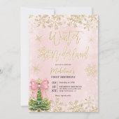 Gouden Roze Winter Wonderland Eerste Verjaardagsfe Kaart (Voorkant)