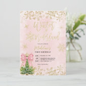 Gouden Roze Winter Wonderland Eerste Verjaardagsfe Kaart (Staand voorkant)