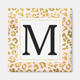 Gouden Roze Witte Luipaard Print Monogram Magneet