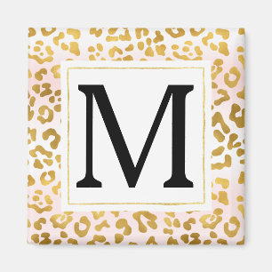 Gouden Roze Witte Luipaard Print Monogram Magneet