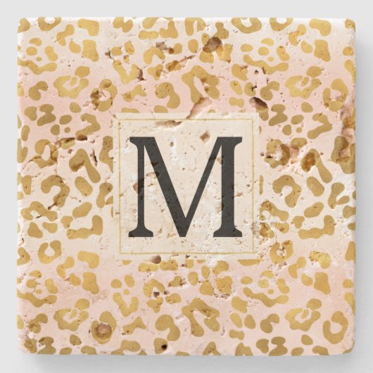 Gouden Roze Witte Luipaard Print Monogram Stenen Onderzetter (Voorkant)