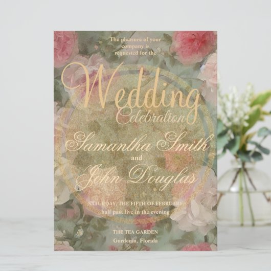  gouden roze witte roos geschilderd in Waterverf (Staand voorkant)