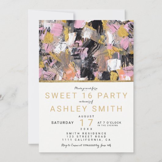 Gouden roze zwarte acryl penseelstreken Sweet 16 Kaart (Voorkant)