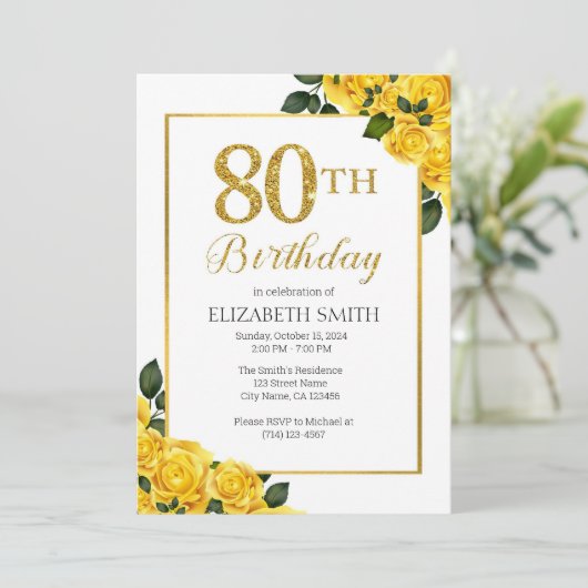 Gouden Rozen 80e Verjaardag Uitnodiging Sjabloon (Staand voorkant)