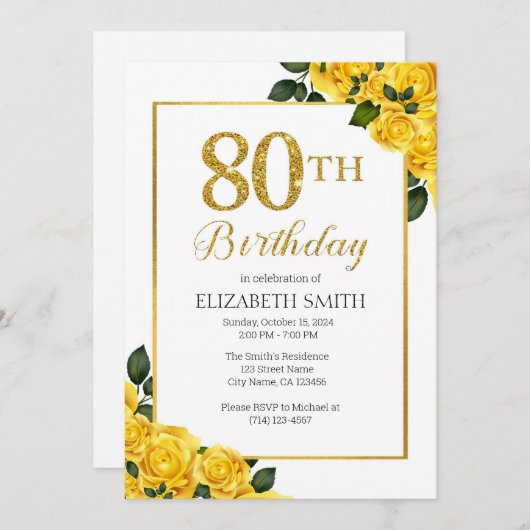 Gouden Rozen 80e Verjaardag Uitnodiging Sjabloon (Voorkant / Achterkant)