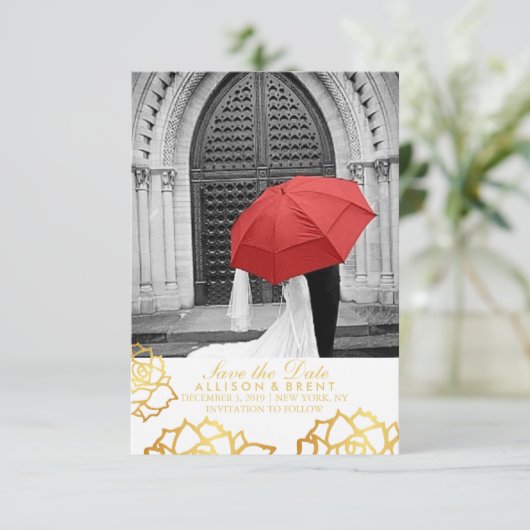 Gouden Rozen Bewaar de datum - Wit Save The Date (Staand voorkant)