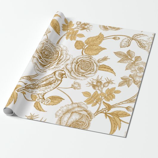 Gouden rozen, bloemen, bladeren en bessen van hond cadeaupapier (Uitgerold)