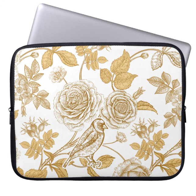 Gouden rozen, bloemen, bladeren en bessen van hond laptop sleeve (Voorkant)