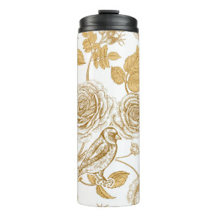 Gouden rozen, bloemen, bladeren en bessen van hond thermosbeker