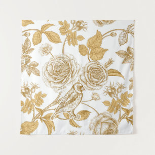 Gouden rozen, bloemen, bladeren en bessen van hond wandkleed