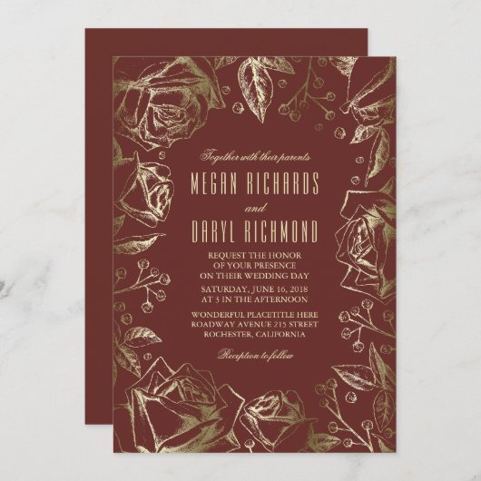 Gouden Rozen - Bourgogne Marsala Fall Wedding Kaart (Voorkant / Achterkant)