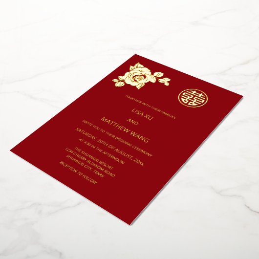 Gouden Rozen Chinees Bruiloft Folie Uitnodiging (Gedraaid)