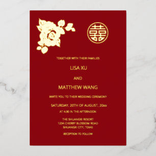 Gouden Rozen Chinese Bruiloft Folie Uitnodiging