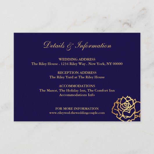 Gouden Rozen Details Card - Blauw Informatiekaartje (Voorkant)