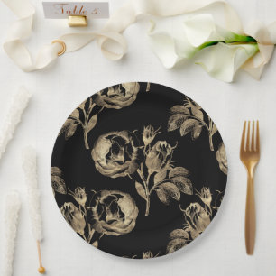 Gouden Rozen   Elegant Goud Bloemen op Zwart Papieren Bordje
