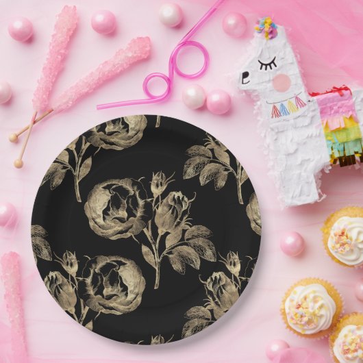 Gouden Rozen | Elegant Goud Bloemen op Zwart Papieren Bordje (Feest)