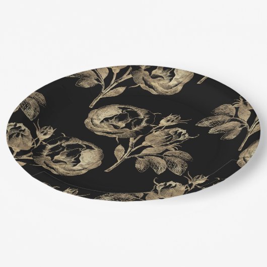 Gouden Rozen | Elegant Goud Bloemen op Zwart Papieren Bordje (Gekanteld)