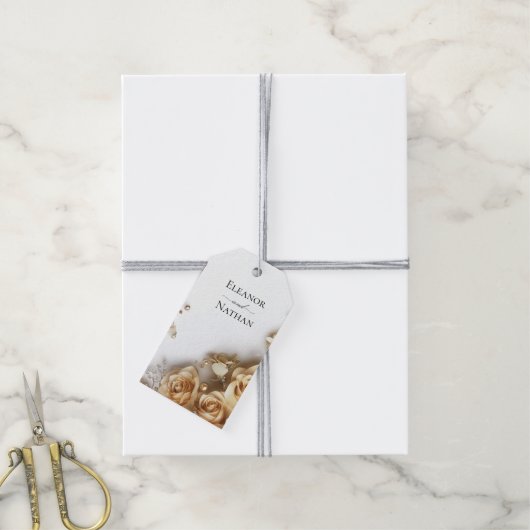 Gouden Rozen en parels Lente Zomer Huwelijk Cadeaulabel (Met Touw)