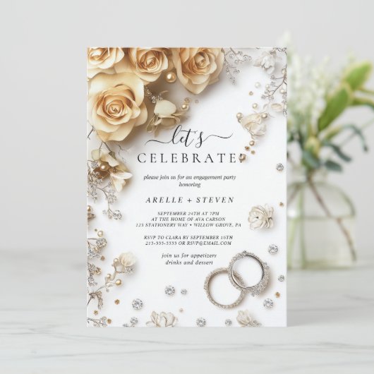 Gouden rozen en ringen Verlovingsfeest Kaart (Staand voorkant)