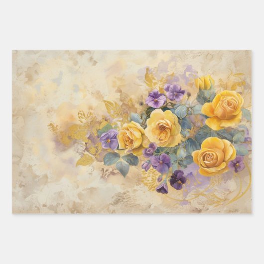 Gouden Rozen en Violets 50e bruiloft Jubileum Inpakpapier Vel (Voorkant)