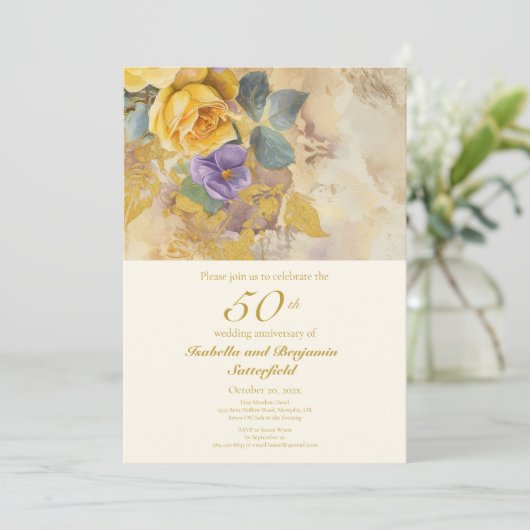 Gouden Rozen en Violets 50e bruiloft Jubileum Kaart (Staand voorkant)