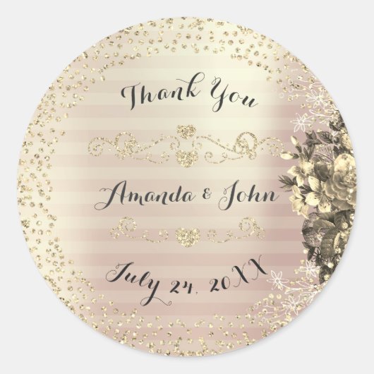 Gouden Rozen Glitter Bewaar de datum Dank Sepia Ronde Sticker (Voorkant)