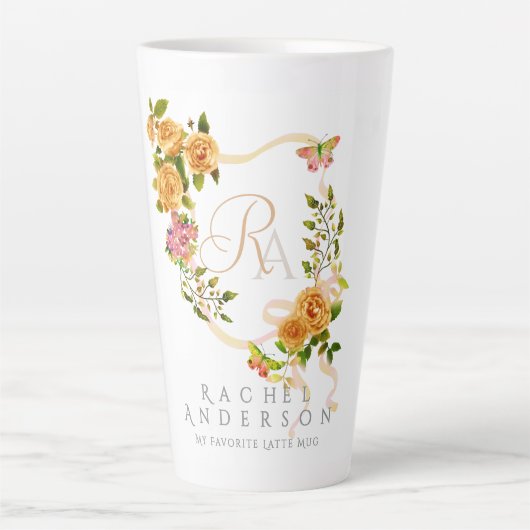 Gouden Rozen lint Chic Monogram Witte Latte Mok (Voorkant)