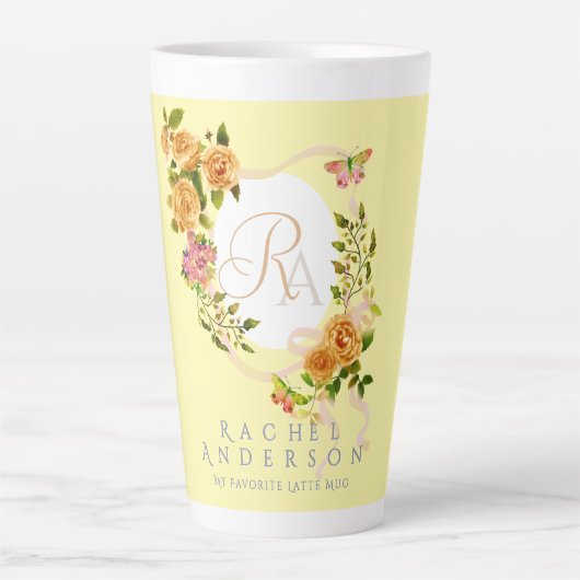 Gouden Rozen lint Chic Monogram Yellow Latte Mok (Voorkant)
