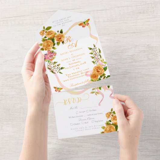 Gouden Rozen lint Monogram Huwelijksuitnodiging All In One Uitnodiging (Afscheurbaar)