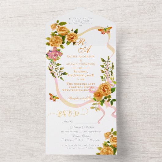 Gouden Rozen lint Monogram Huwelijksuitnodiging All In One Uitnodiging (Binnen)