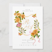 Gouden Rozen lint Monogram Huwelijksuitnodiging Kaart (Voorkant)