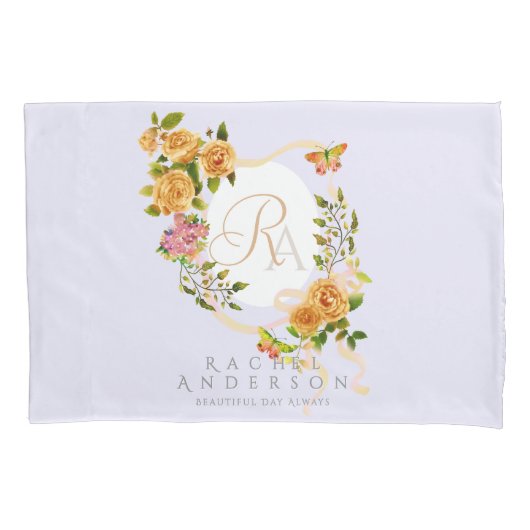 Gouden Rozen lint Monogram Paarse Kussensloop (Voorkant)