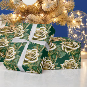 Gouden rozen met smaragdgroene bladeren cadeaupapier