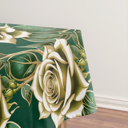 Gouden Rozen Met Smaragdgroene Bladeren Tafelkleed (Voorbeeld)