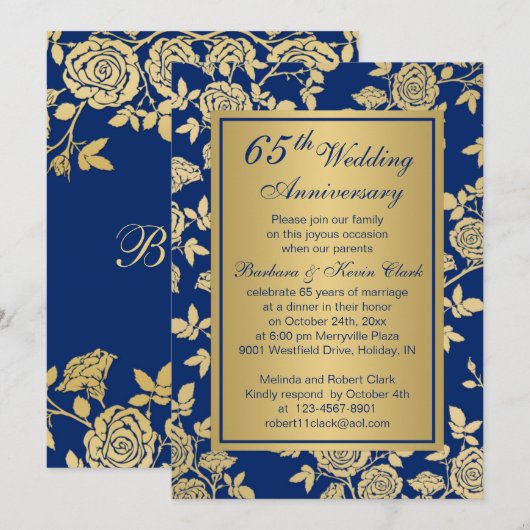 Gouden rozen op blauwe 65ste verjaardag kaart (Voorkant / Achterkant)