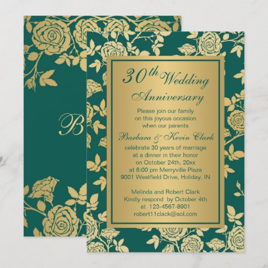 Gouden rozen op groene 30ste verjaardag kaart (Voorkant / Achterkant)