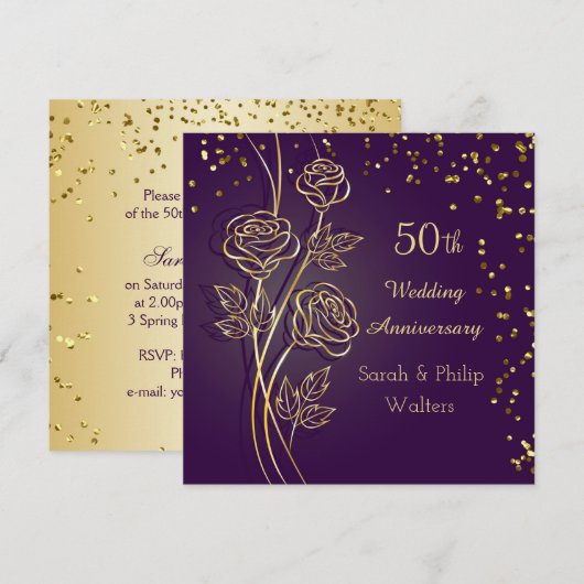 Gouden rozen op paars, confetti 50ste verjaardag kaart (Voorkant / Achterkant)