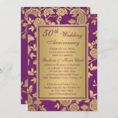 Gouden rozen op paarse 50ste verjaardag kaart (Voorkant / Achterkant)
