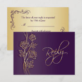 Gouden rozen op paarse bruiloft RSVP Kaartje (Voorkant / Achterkant)