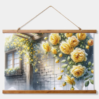 Gouden Rozen op Rustic Stone Cottage Wall Hangend Wandkleed