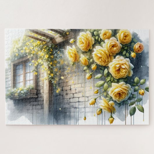 Gouden Rozen op Rustic Stone Cottage Wall Legpuzzel (Horizontaal)