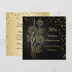 Gouden rozen op zwart, confetti 50ste verjaardag kaart
