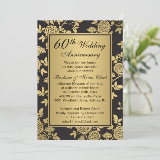 Gouden rozen op zwarte 60ste verjaardag kaart (Staand voorkant)