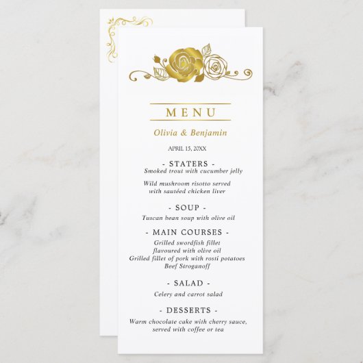 Gouden Rozen Wervelingen Bladeren Wedding Menu (Voorkant / Achterkant)